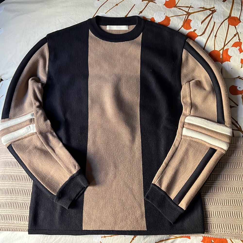 Architectural navy, camel and cream sweater Surreal But Nice